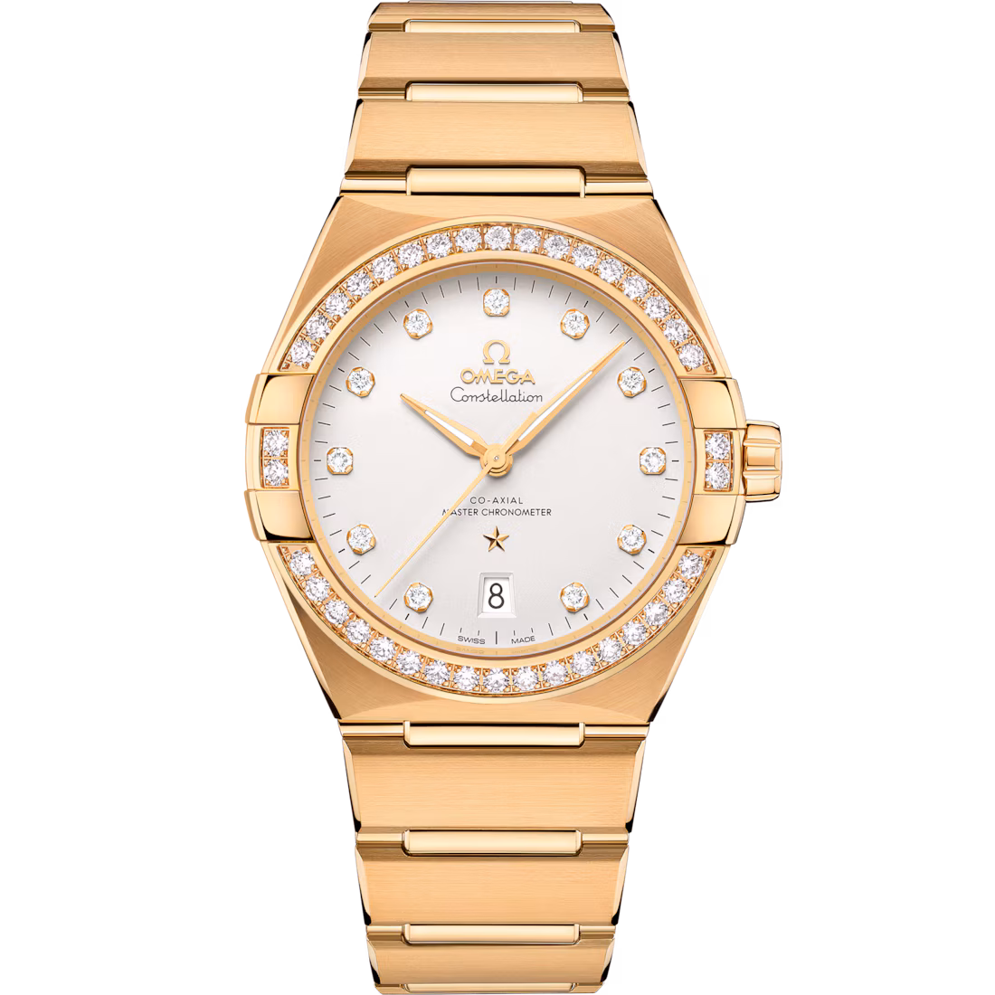 Omega Constellation 39mm Silver Dial with Diamonds 18k Yellow Gold Bracelet 131.55.39.20.52.002