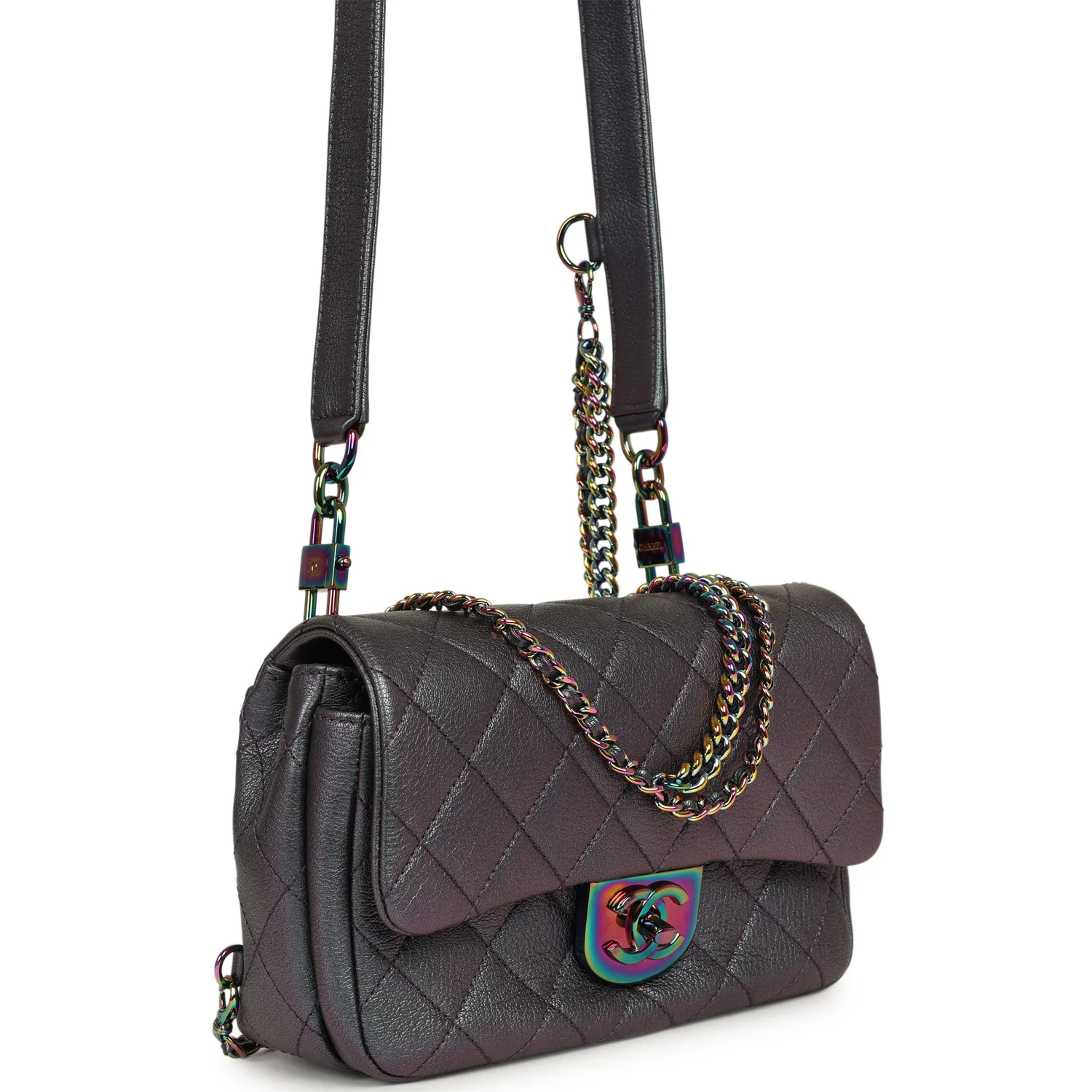CHANEL Small Double Carry Waist Chain Flap Bag Purple Iridescent Goatskin Rainbow Hardware