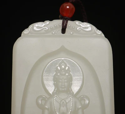 60G Chinese Carved Nephrite Jade Pendant w/Guanyin Buddha