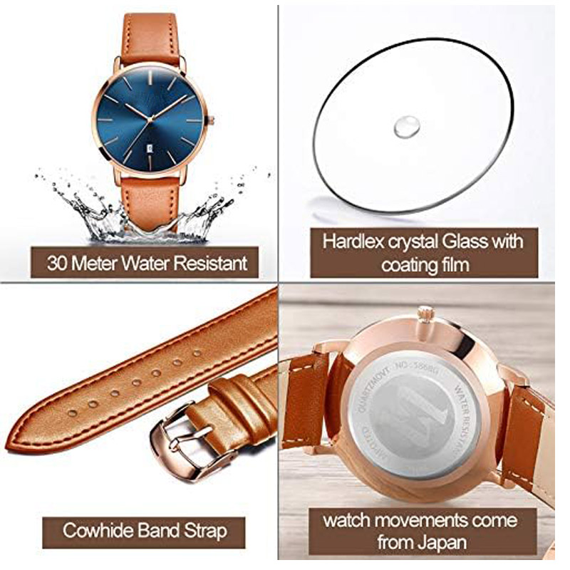 DADONG Men's watch, simple, ultra-thin, stylish and casual quartz wristwatch with date display, waterproof, slim and minimalist large dial dress watch, genuine leather strap, suitable for men.