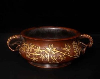 Wu Bangzuo Signed Old Chinese Red Copper Gilding Incense Burner w/bamboo N2684