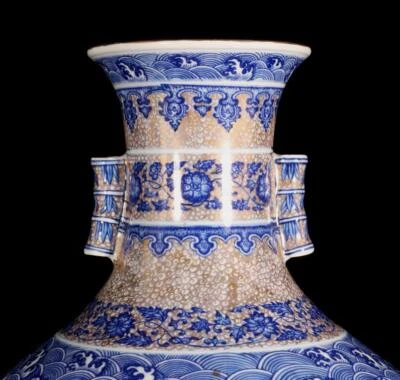 36CM Qianlong Signed Old Chinese Blue and White Vase W/ flower N1464