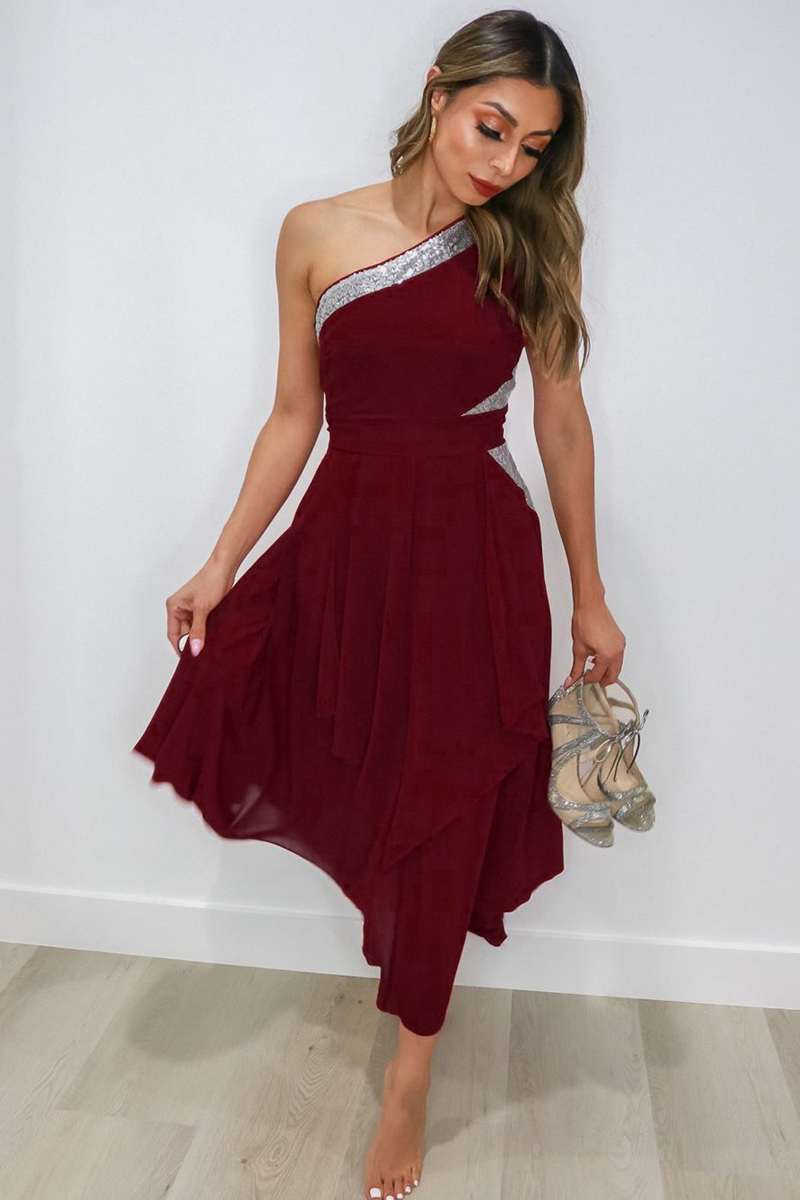 High Waist Asymmetric Hem One Shoulder Dress