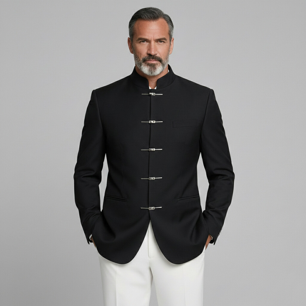 Men's Business Black Stand Collar Single Breasted Pocket Long Sleeve Blazer