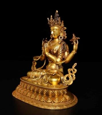 16CM Old Chinese Red Copper Gilding Statue Buddha N178