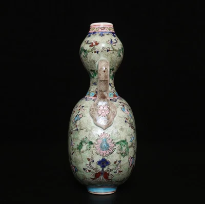 26CM Qianlong Signed Antique Chinese Famille Rose Gourd Vase W/bat