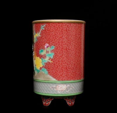 Qianlong Signed Antique Chinese Famille Rose Brush Pot W/bird