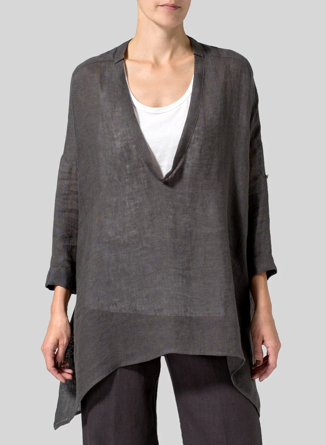 Womens Cotton Linen Loose Deep V Neck Pullover