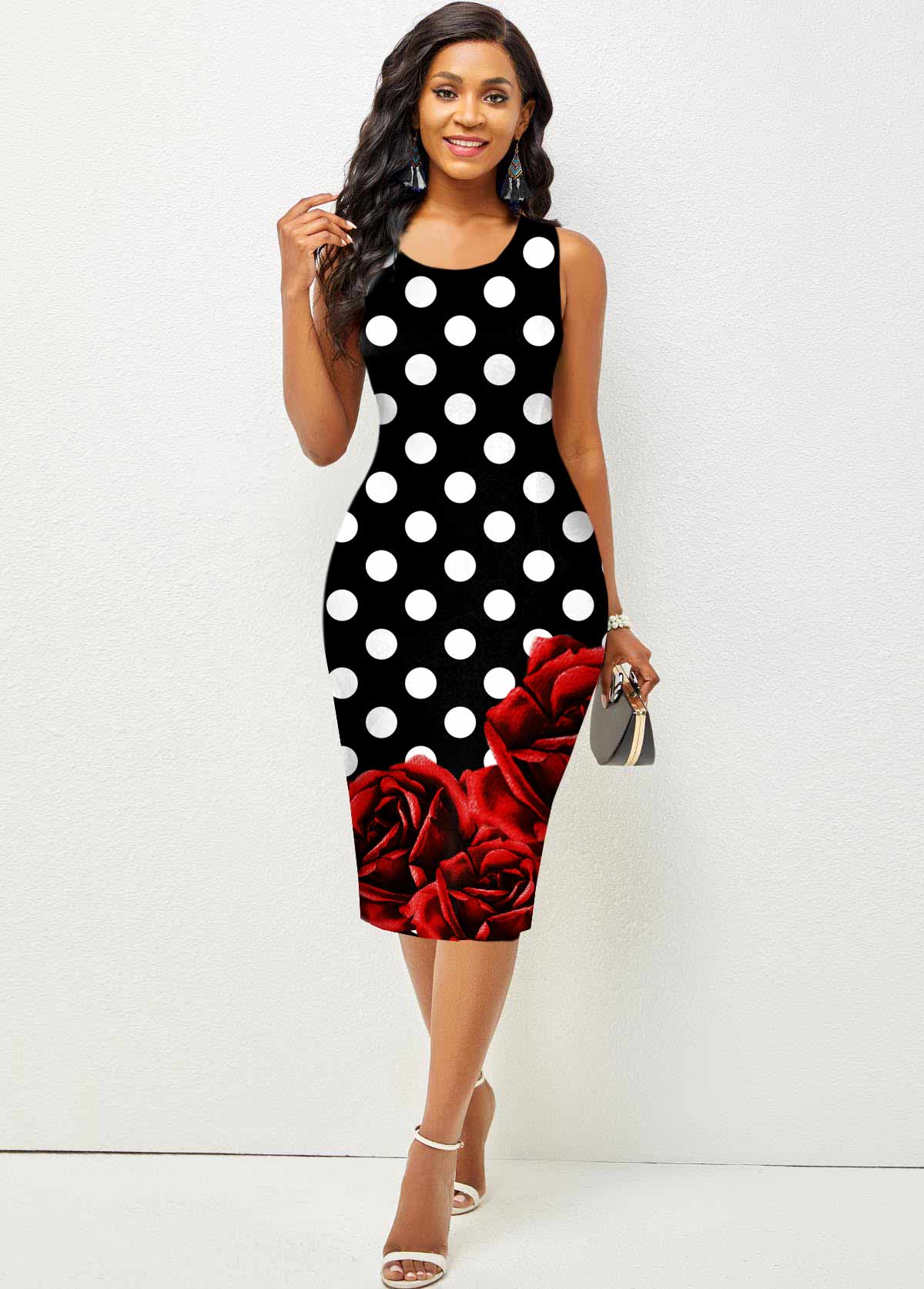 Contrast Printed Sleeveless Round Neck Bodycon Dress