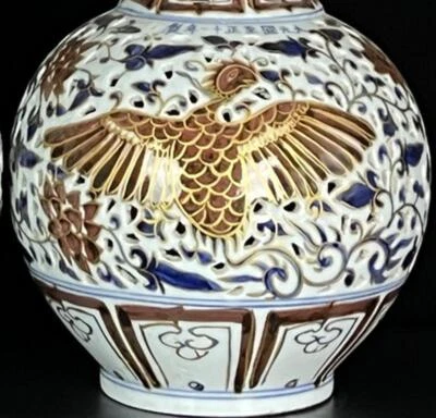 39CM Zhizheng Signed Old Chinese Blue&White Gilding Vase W/phoenix N689
