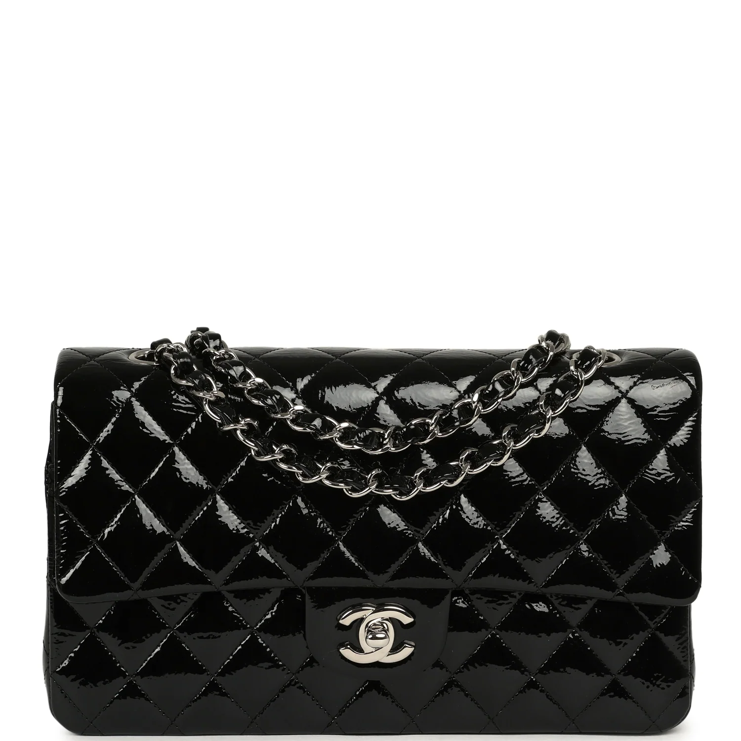 CHANEL Medium Classic Double Flap Bag Black Patent Silver Hardware