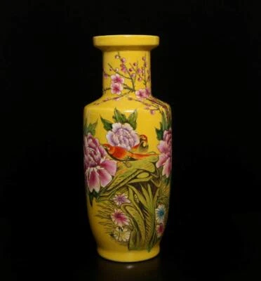 44CM Kangxi Signed Antique Chinese Famille Rose Yellow Glaze Vase W/peony