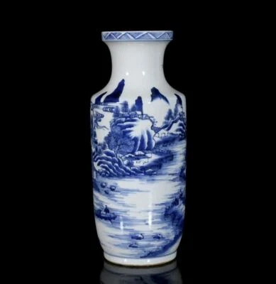 32CM Kangxi Signed Old Chinese Blue and White Vase W/landscape N3208