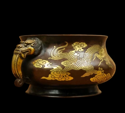 Xuande Signed Old Chinese Red Copper Handmade Incense Burner w/dragon ear N3818