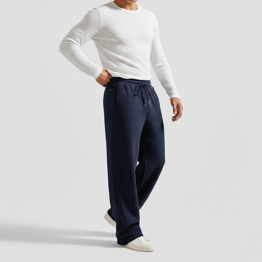 Men's Casual Waffle Drawstring Slant Pocket Straight Leg Pants