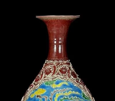 Signed Old Chinese Red Glaze Three Color Vase W/phoenix N611
