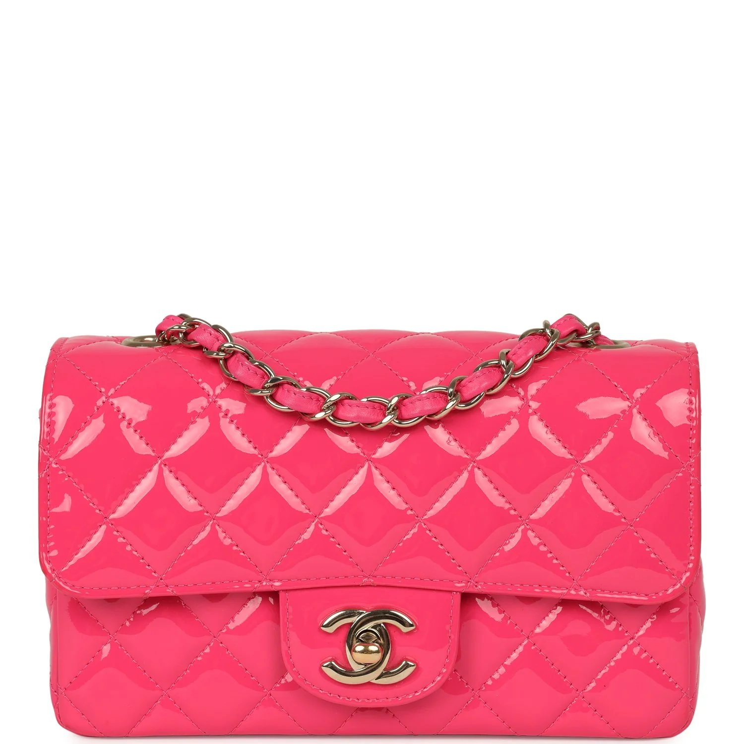CHANEL Mini Classic Rectangular Flap Bag Hot Pink Patent Gold Hardware