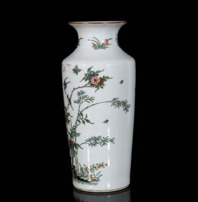 34CM Kangxi Singed Old Chinese Five Color Vase W/bird N3421