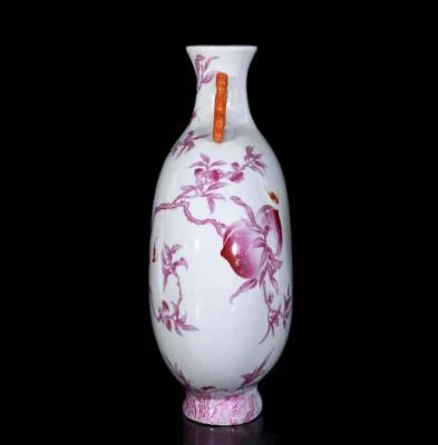 36CM Qianlong Signed Old Chinese Carmine Red Glaze Vase w/peach N3763