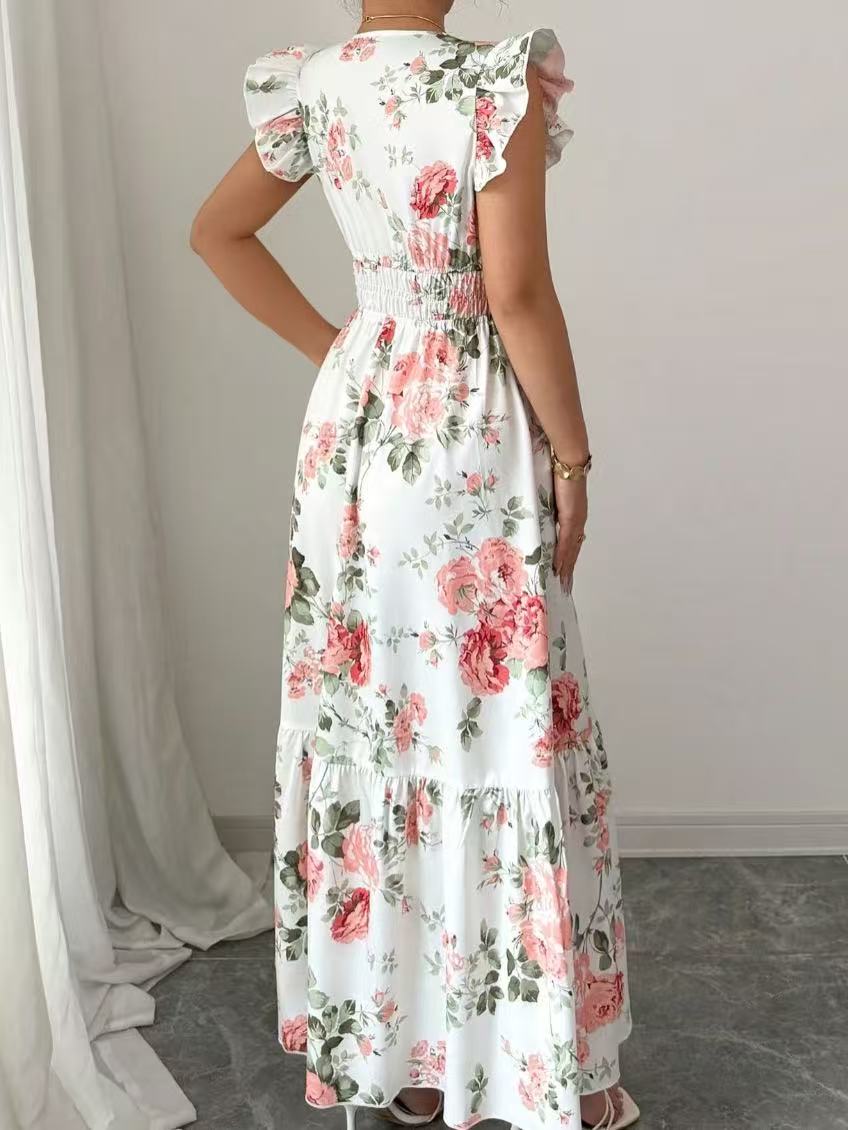 Elegant Women's Floral Cherry Print Long Dress with Hem