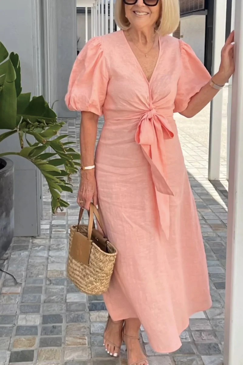 🌲🔥 V Neck Tie Puff Sleeve Cotton Dress- Tax Free