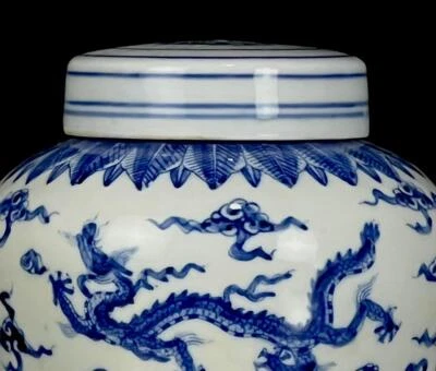 Tian Signed Old Chinese Blue and White Lid Pot W/ dragon N1057