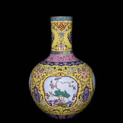 40CM Yongzheng Signed Old Chinese Colour Enamel Vase W/flower N359