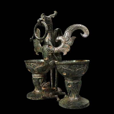 29CM Old Chinese Bronze Statue Light Holder w/bird N4341