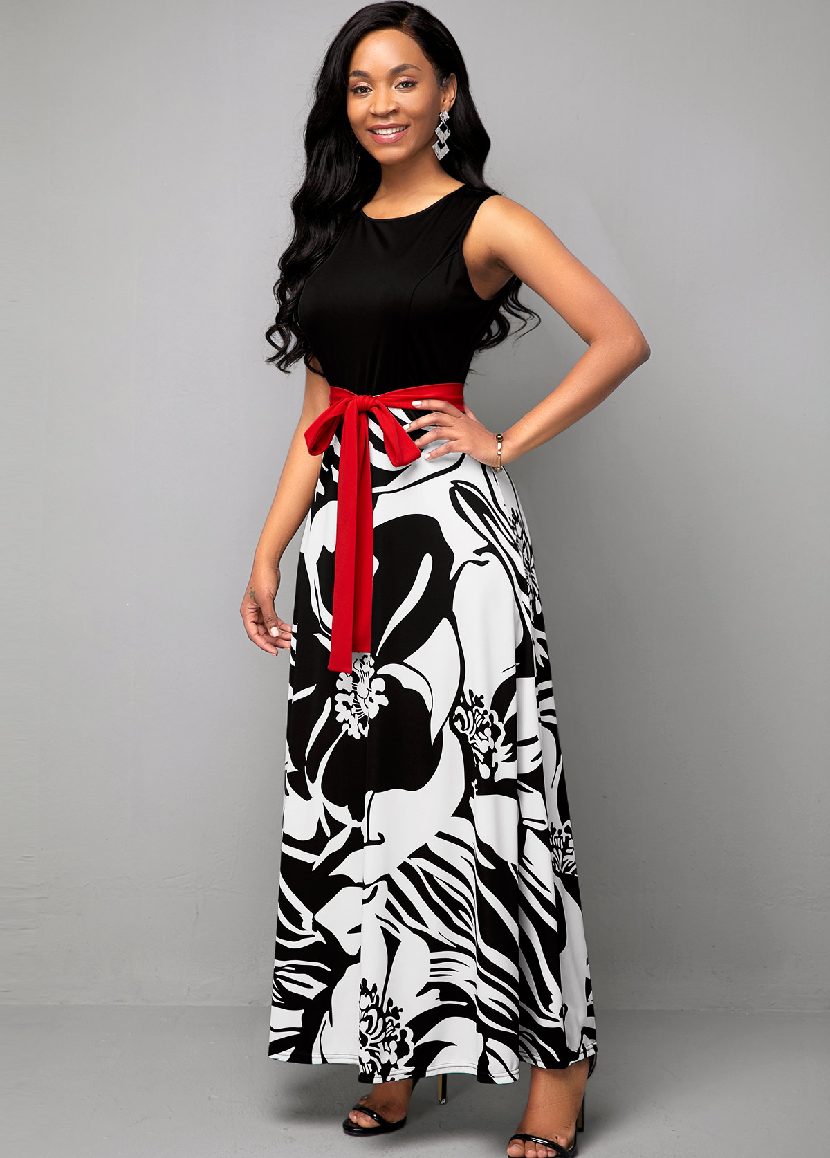 Belted Flower Print Round Neck Dress