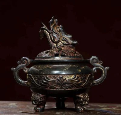Guxiangyuan Signed Old Chinese Bronze Incense Burner w/dragon N2837