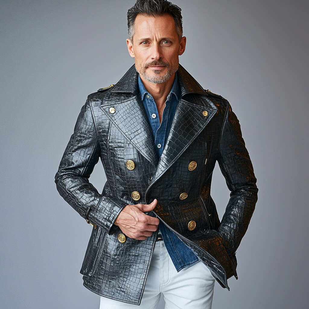 Men's Fashion PU Leather Crocodile Pattern Lapel Collar Double Breasted Jacket