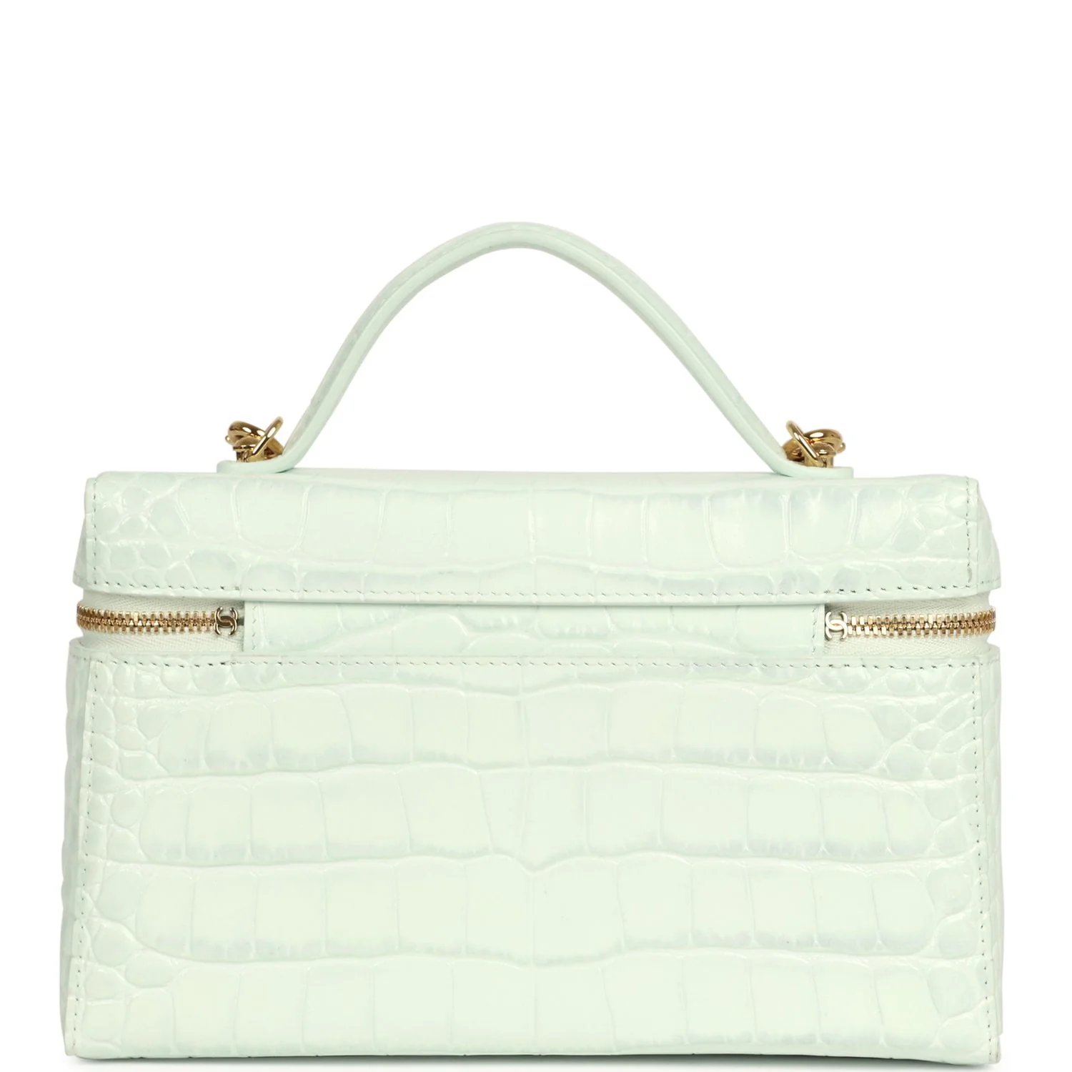 Chanel Top Handle Long Vanity Case with Chain Mint Croc Embossed Calfskin Gold Hardware