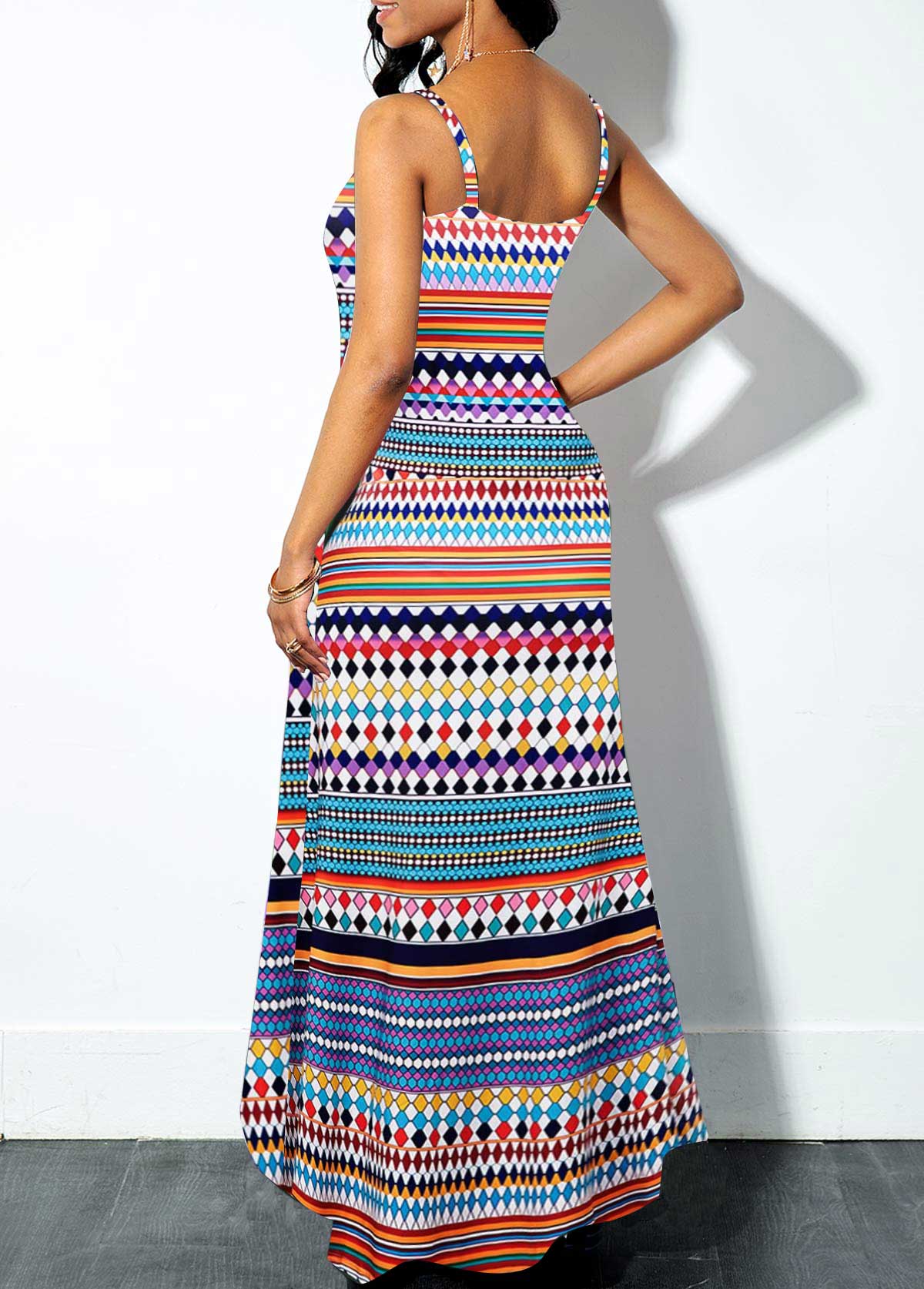 Spaghetti Strap Multi Color Geometric Print Dress