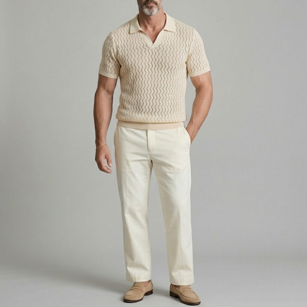 Men's Light Blue Wave Texture Hollow Out Turndown Collar Casual Polo Shirt