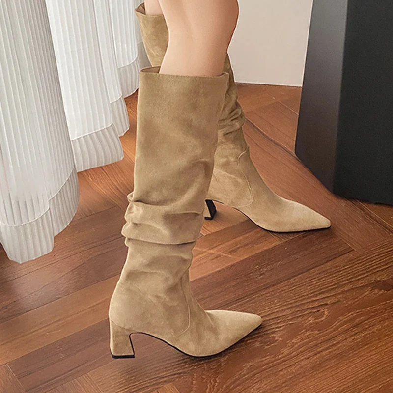 High Heels Women High Boots Suede Pointed Toe Fashion Shoes Designer Dress