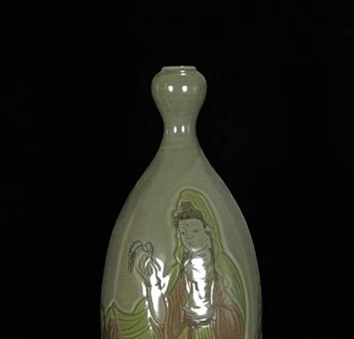 41CM Yuanyou Signed Old Chinese Yue Kiln Vase w/Guanyin Buddha N1221