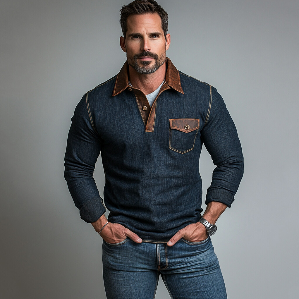 Men's Denim PU Leather Patchwork Turndown Collar Chest Pocket Long Sleeve Polo Shirt