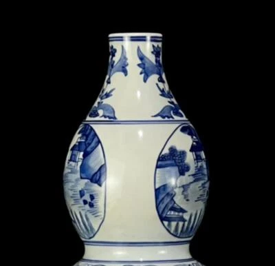 34CM Chongzhen Singed Old Chinese Blue and White Gourd Vase W/figure N1272