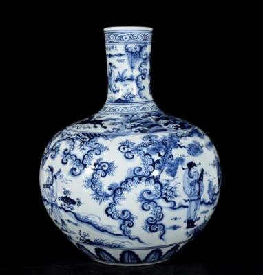 44CM Xuande Signed Old Chinese Blue and White Vase W/figure N3493