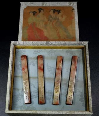 358G Four Old Chinese Shoushan Stone Seal Stamp Statue w/flower N981