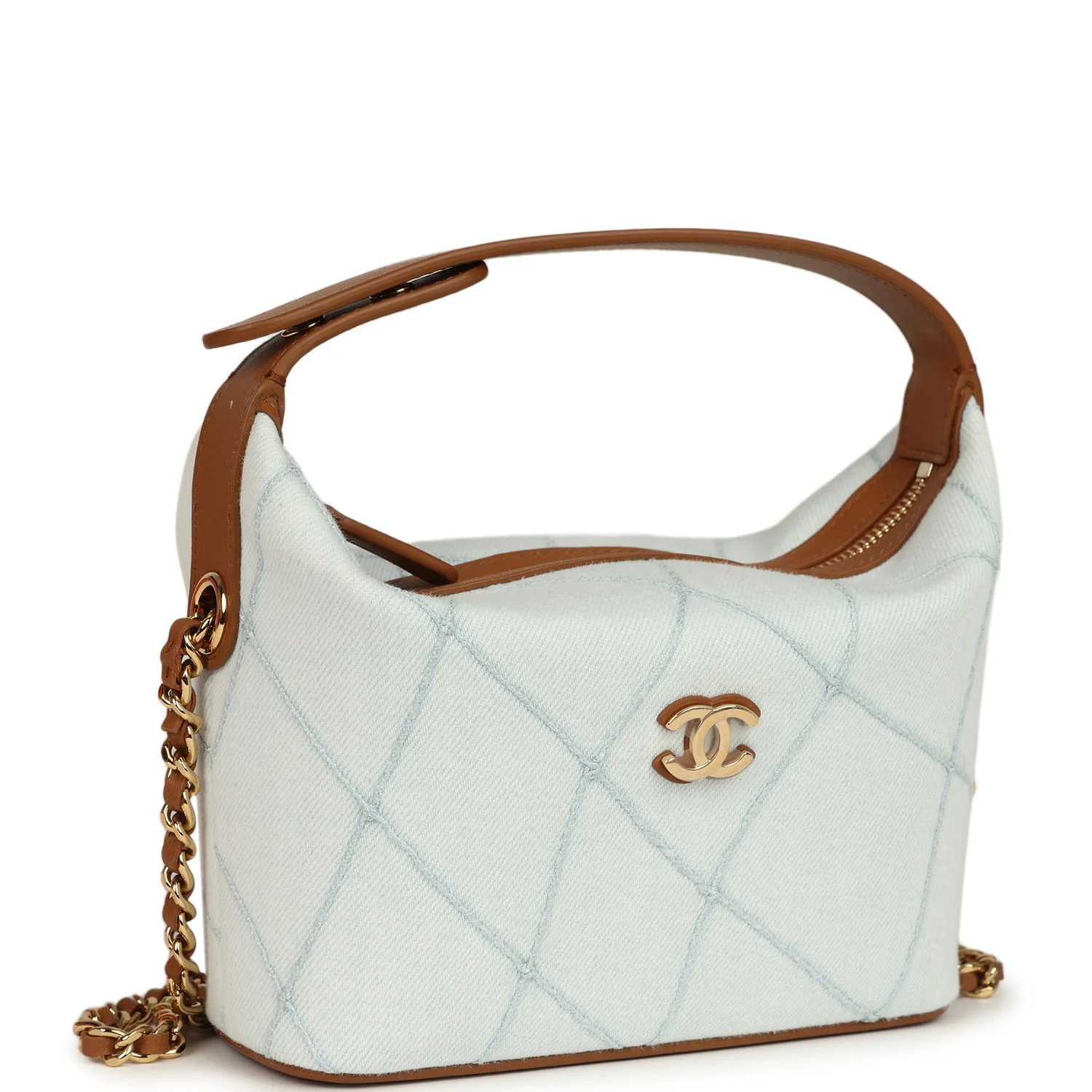 Chanel Mini CC Hobo Pouch with Chain Light Blue Denim and Brown Calfskin Gold Hardware