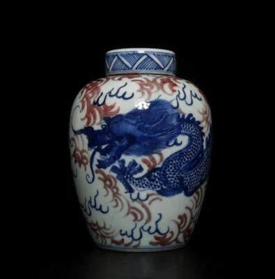 Pair Antique Chinese Blue & White Porcelain Lid Pot w/ dragon