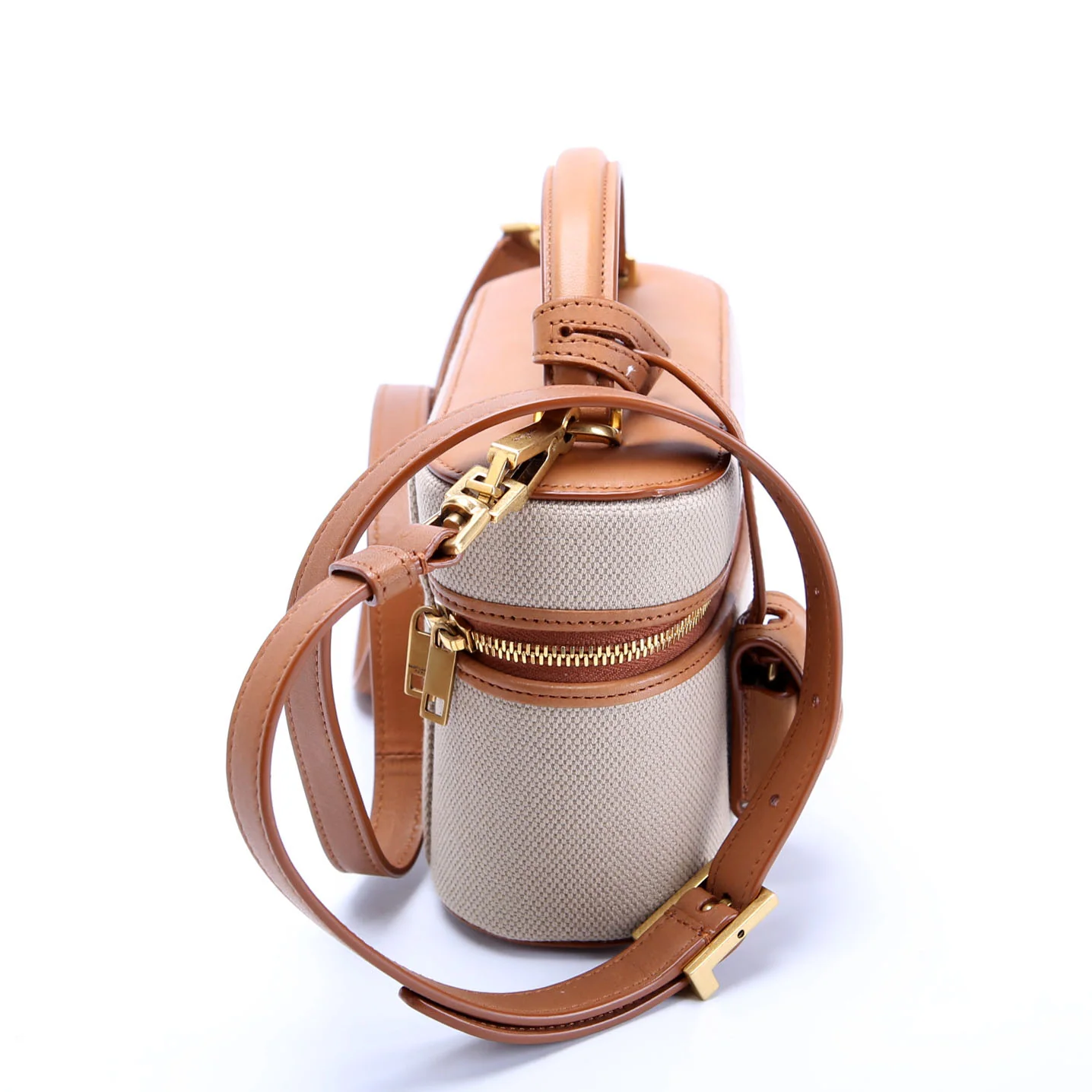 SAINT LAURENT 834213 Gaby Mini Vanity Case Canvas/Calfskin Beige/Brown