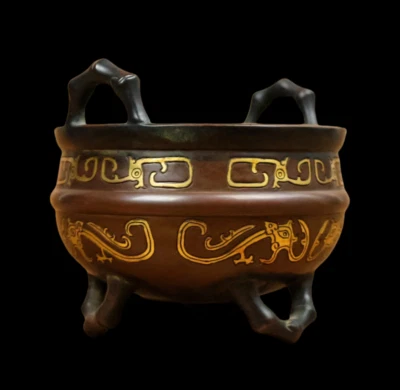 Xuande Signed Old Chinese Red Copper Handmade Incense Burner w/bamboo N3870