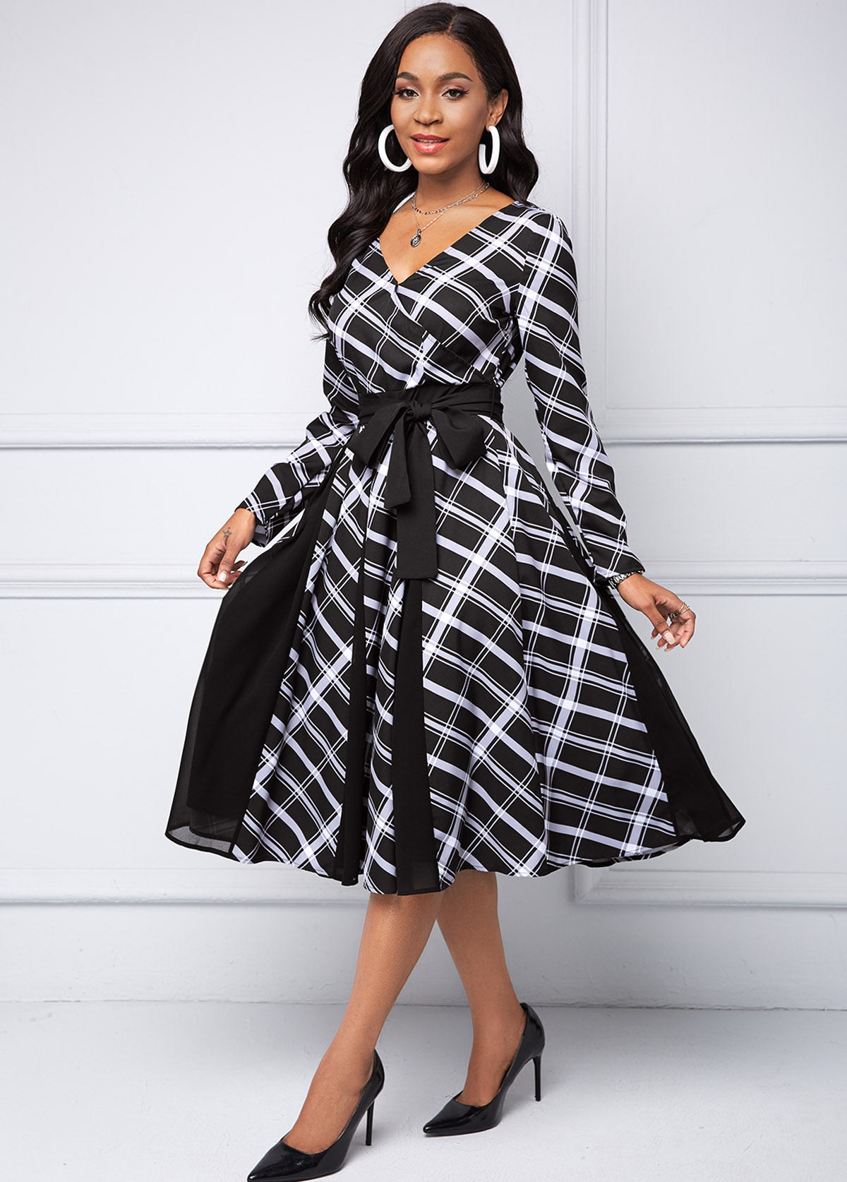 V Neck Long Sleeve Plaid dress