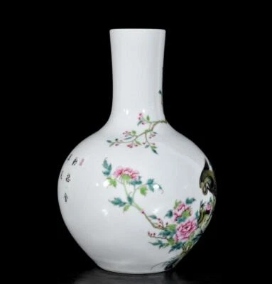 33CM Qianlong Signed Old Chinese Colour Enamel Vase W/bird N3401