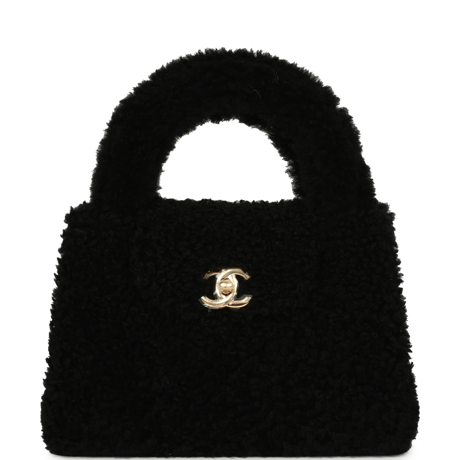 CHANEL Small Kelly Shopper Black Shearling Gold Hardware