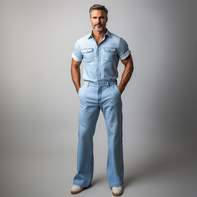 Men's Denim Short Sleeve Button Shirt & Jeans 2Pcs Set