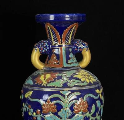 37CM Qianlong Signed Old Chinese Wucai Vase W/ louts flower N566