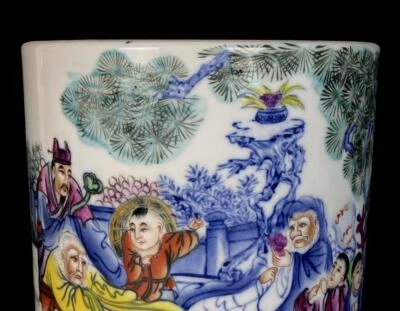 Xianfeng Signed Old Chinese Famille Rose Brush Pot W/figure N784